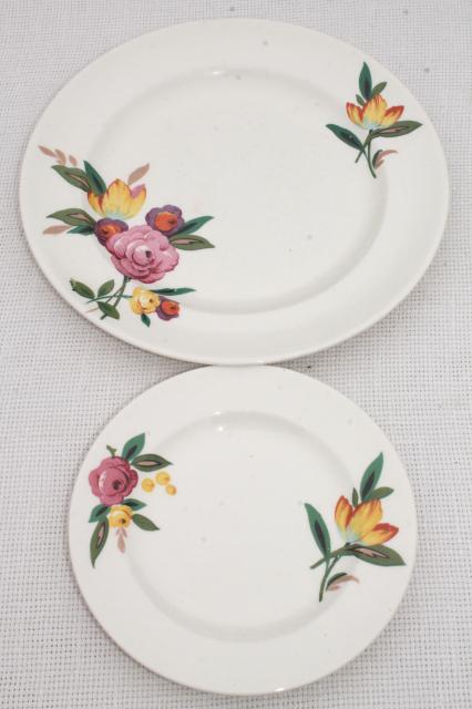 photo of vintage farmhouse china plates, crazed creamy white pottery w/ magnolia floral #7