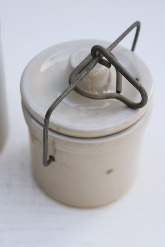 photo of vintage farmhouse decor, old white stoneware crock jars, cheese crocks w/ wire bails and lids #2