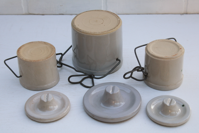 photo of vintage farmhouse decor, old white stoneware crock jars, cheese crocks w/ wire bails and lids #6