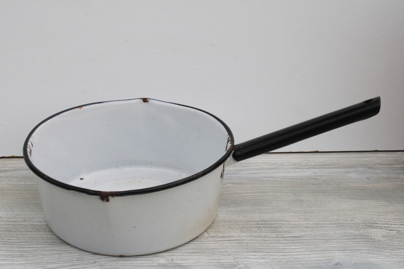 photo of vintage farmhouse enamel ware pot, big bowl sauce pan, primitive old patina rustic white chippy metal #1