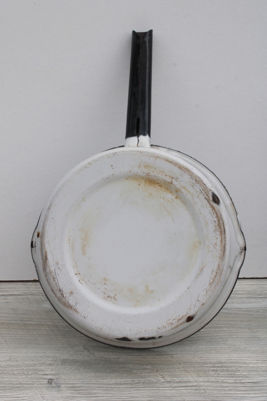 photo of vintage farmhouse enamel ware pot, big bowl sauce pan, primitive old patina rustic white chippy metal #2