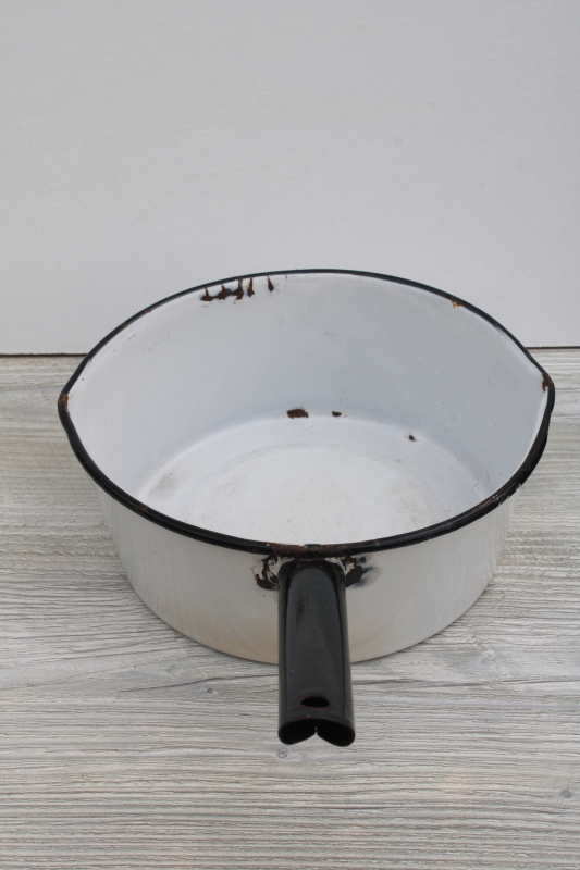 photo of vintage farmhouse enamel ware pot, big bowl sauce pan, primitive old patina rustic white chippy metal #3