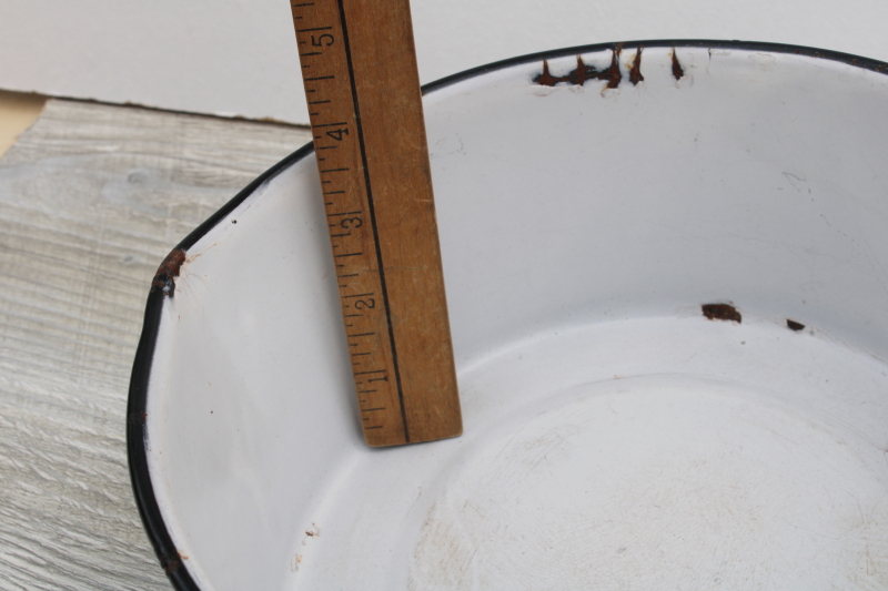 photo of vintage farmhouse enamel ware pot, big bowl sauce pan, primitive old patina rustic white chippy metal #5