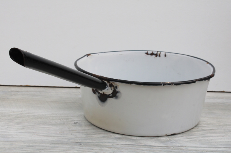 photo of vintage farmhouse enamel ware pot, big bowl sauce pan, primitive old patina rustic white chippy metal #6