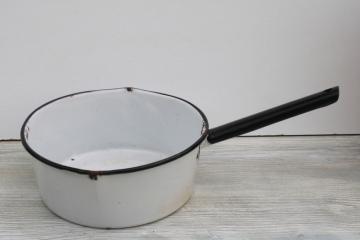 catalog photo of vintage farmhouse enamel ware pot, big bowl sauce pan, primitive old patina rustic white chippy metal