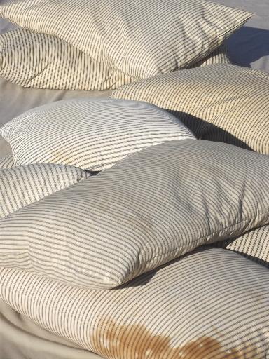 photo of vintage farmhouse feather pillows w/ antique indigo striped cotton ticking  #1