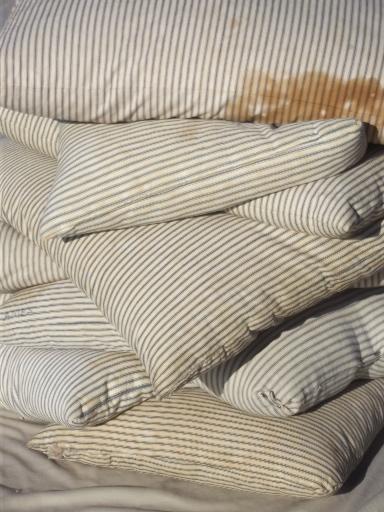 photo of vintage farmhouse feather pillows w/ antique indigo striped cotton ticking  #3