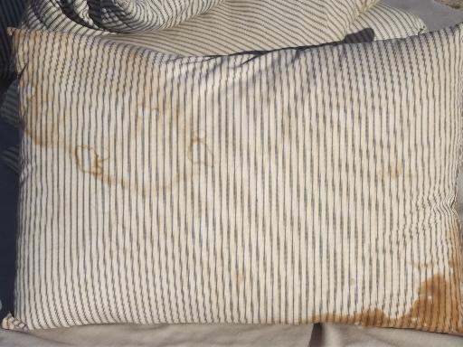 photo of vintage farmhouse feather pillows w/ antique indigo striped cotton ticking  #4