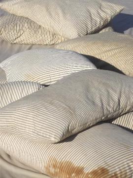 catalog photo of vintage farmhouse feather pillows w/ antique indigo striped cotton ticking 