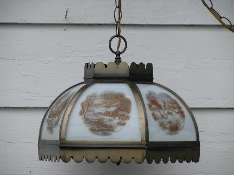 photo of vintage farmhouse hanging light, paneled glass lamp shade, Currier & Ives #1