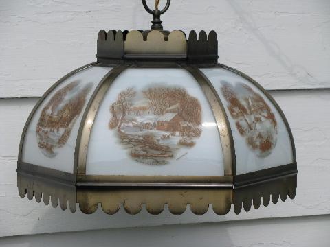 photo of vintage farmhouse hanging light, paneled glass lamp shade, Currier & Ives #2