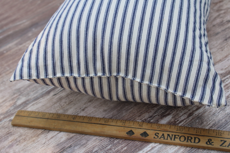 photo of vintage farmhouse indigo blue striped cotton ticking fabric cushion w/ very firm feather pillow insert #3