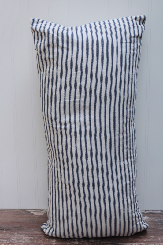 photo of vintage farmhouse indigo blue striped cotton ticking fabric cushion w/ very firm feather pillow insert #4