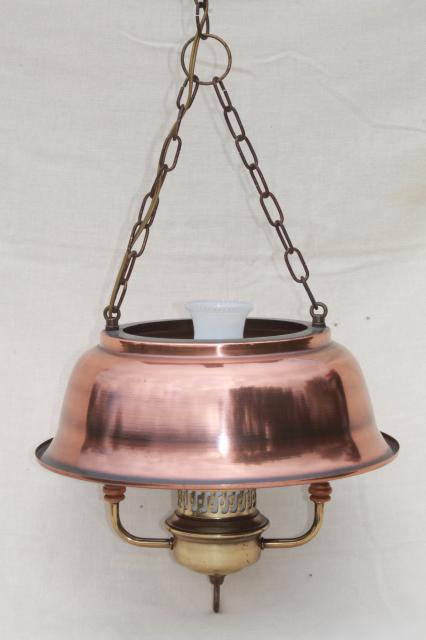 photo of vintage farmhouse kitchen pendant lamp, hanging light w/ antique copper color metal shade #1