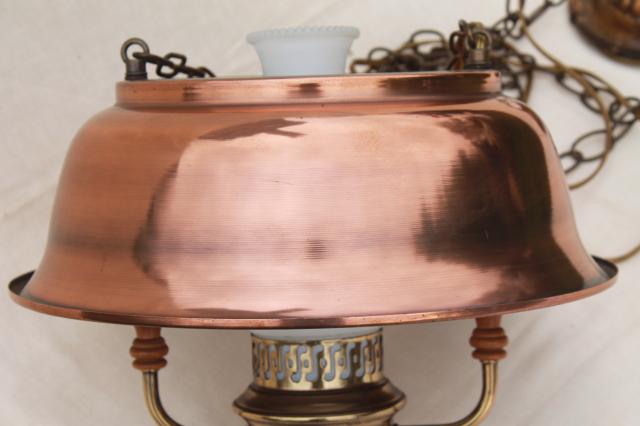 photo of vintage farmhouse kitchen pendant lamp, hanging light w/ antique copper color metal shade #2