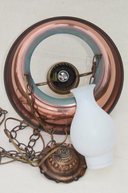 photo of vintage farmhouse kitchen pendant lamp, hanging light w/ antique copper color metal shade #8
