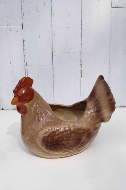 photo of vintage farmhouse kitchen planter pot, large hand painted ceramic hen chicken #1