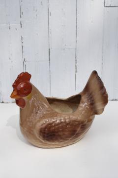 catalog photo of vintage farmhouse kitchen planter pot, large hand painted ceramic hen chicken