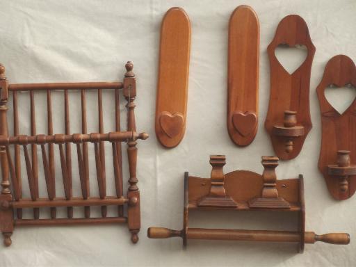 photo of vintage farmhouse kitchen wood ware lot, primitive country heart sconces, shelf etc. #1