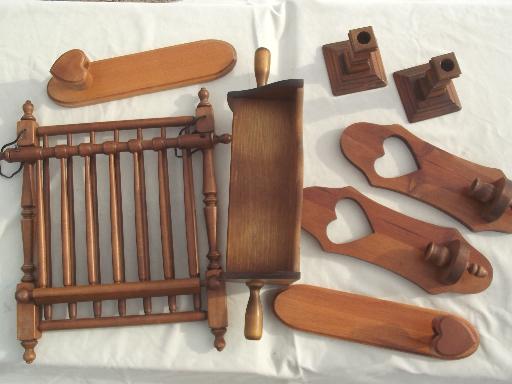 photo of vintage farmhouse kitchen wood ware lot, primitive country heart sconces, shelf etc. #3