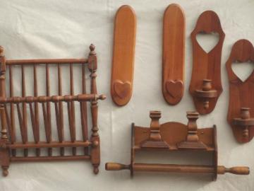 catalog photo of vintage farmhouse kitchen wood ware lot, primitive country heart sconces, shelf etc.