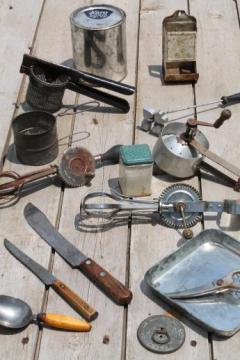 catalog photo of vintage farmhouse kitchenware lot, primitive old farm kitchen utensils & tinware