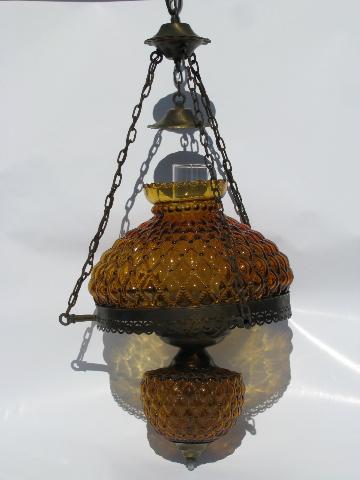 photo of vintage farmhouse lamp hanging light, Fenton amber glass shade #1