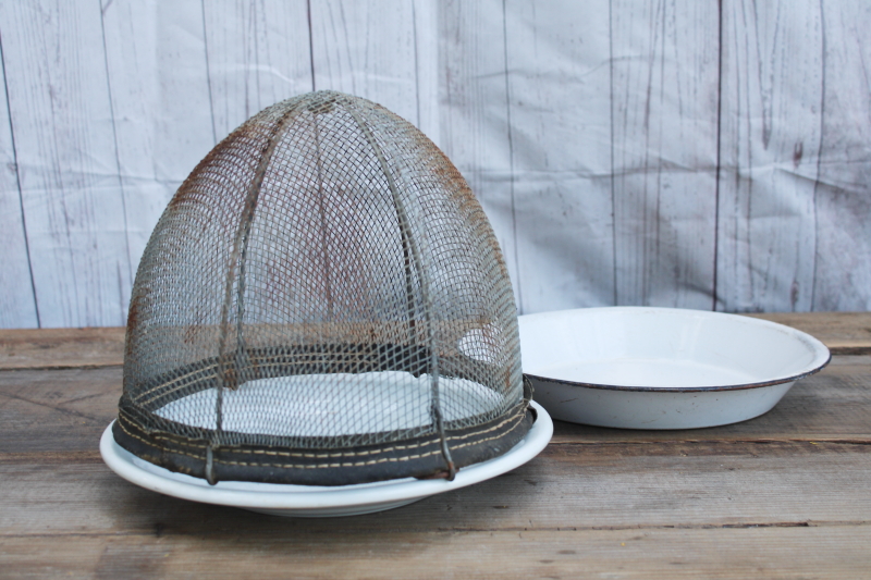 photo of vintage farmhouse primitive cloche, rusty wire basket horse muzzle w/ old ironstone plate or pie pan  #1