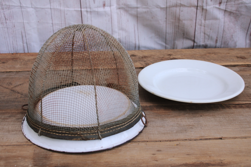 photo of vintage farmhouse primitive cloche, rusty wire basket horse muzzle w/ old ironstone plate or pie pan  #5