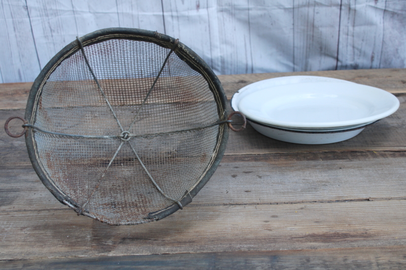 photo of vintage farmhouse primitive cloche, rusty wire basket horse muzzle w/ old ironstone plate or pie pan  #6