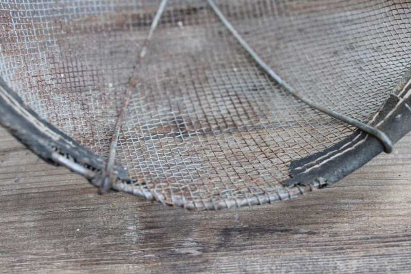 photo of vintage farmhouse primitive cloche, rusty wire basket horse muzzle w/ old ironstone plate or pie pan  #7