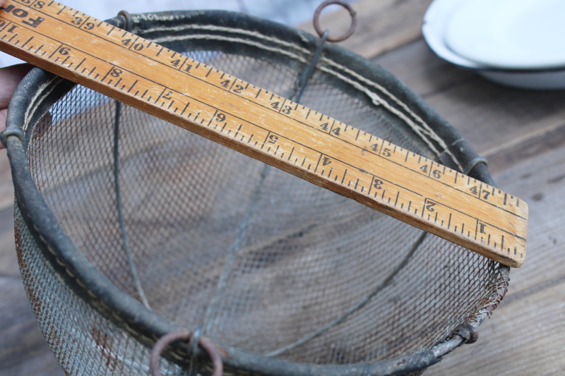 photo of vintage farmhouse primitive cloche rusty wire basket shoo fly screen w/ old ironstone plate or pie pan #9