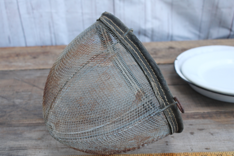photo of vintage farmhouse primitive cloche rusty wire basket shoo fly screen w/ old ironstone plate or pie pan #10