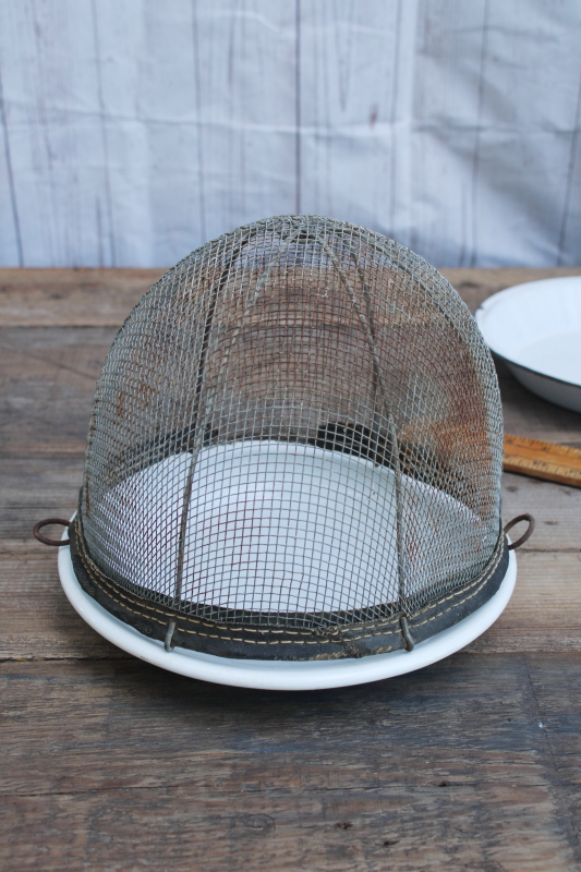 photo of vintage farmhouse primitive cloche rusty wire basket shoo fly screen w/ old ironstone plate or pie pan #11