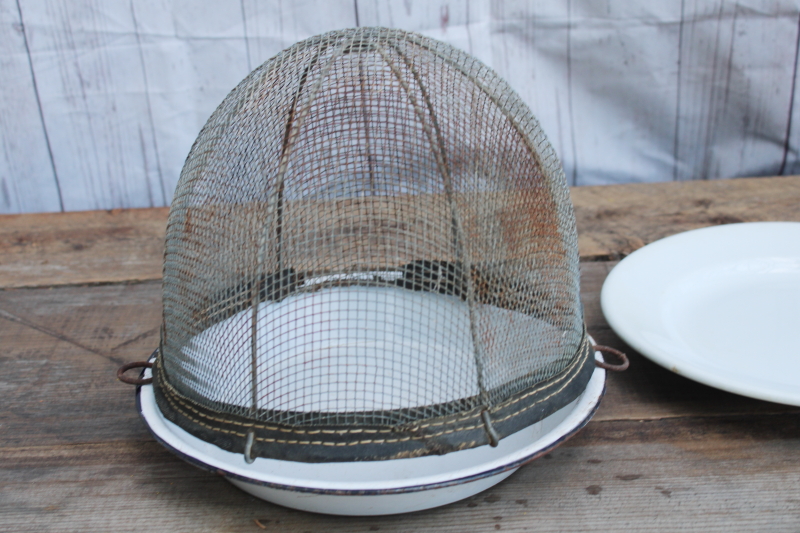 photo of vintage farmhouse primitive cloche rusty wire basket shoo fly screen w/ old ironstone plate or pie pan #13