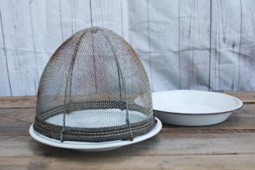 vintage farmhouse primitive cloche rusty wire basket shoo fly screen w/ old ironstone plate or pie pan
