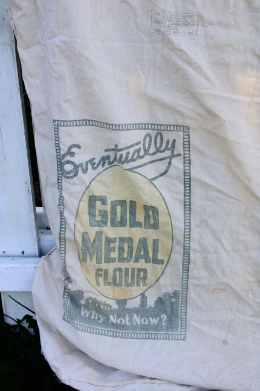 photo of vintage farmhouse primitive cotton flour sack bed cover w/ old advertising printed sacks #5