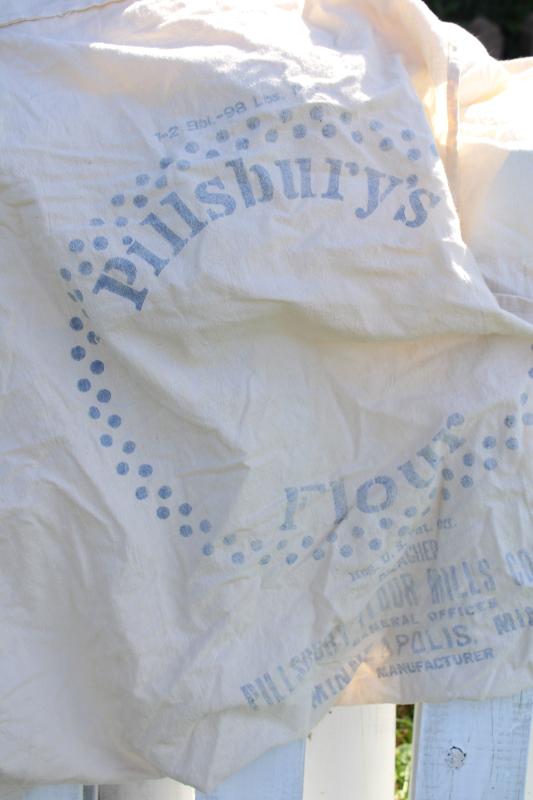 photo of vintage farmhouse primitive cotton flour sack bed cover w/ old advertising printed sacks #7