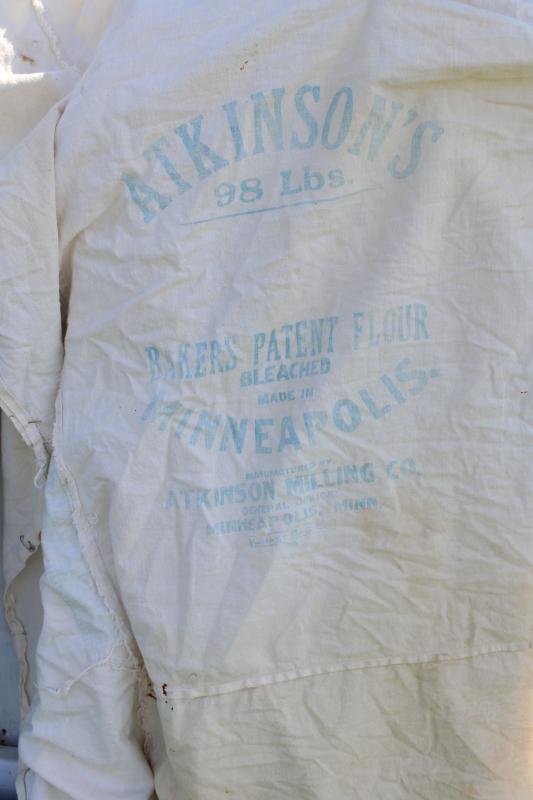 photo of vintage farmhouse primitive cotton flour sack bed cover w/ old advertising printed sacks #8