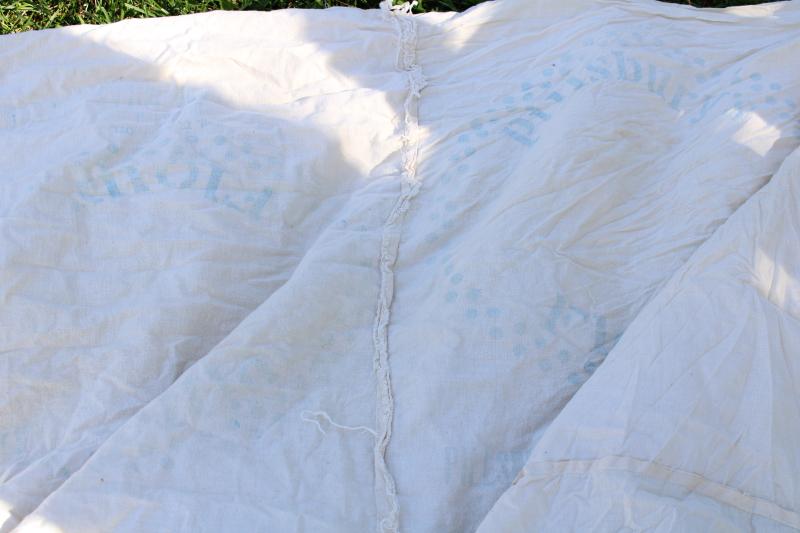 photo of vintage farmhouse primitive cotton flour sack bed cover w/ old advertising printed sacks #10