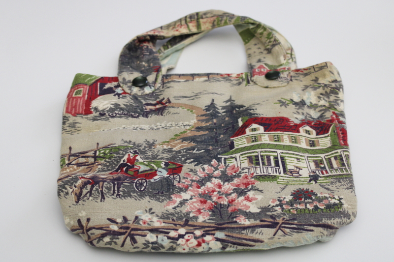 photo of vintage farmhouse print cotton barkcloth handbag, purse or small tote for needlework #1