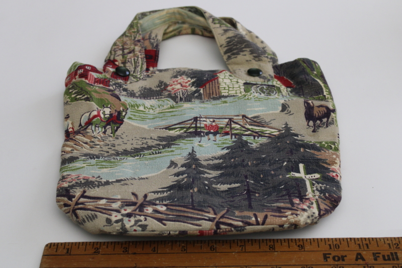 photo of vintage farmhouse print cotton barkcloth handbag, purse or small tote for needlework #2