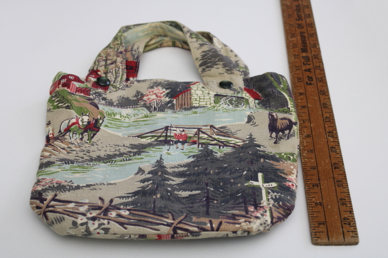 photo of vintage farmhouse print cotton barkcloth handbag, purse or small tote for needlework #3