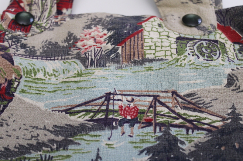 photo of vintage farmhouse print cotton barkcloth handbag, purse or small tote for needlework #4