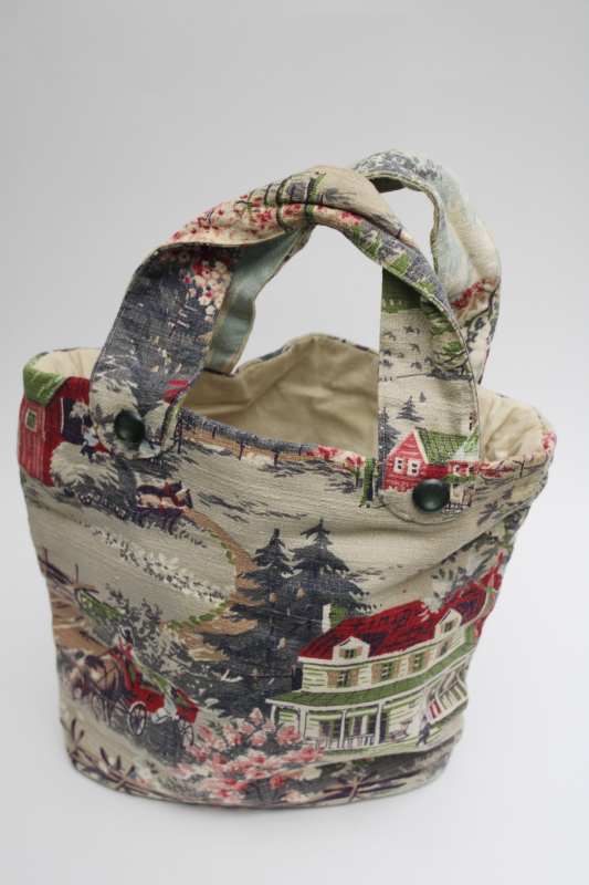 photo of vintage farmhouse print cotton barkcloth handbag, purse or small tote for needlework #7