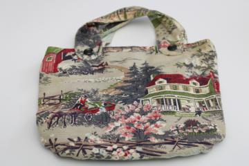 catalog photo of vintage farmhouse print cotton barkcloth handbag, purse or small tote for needlework