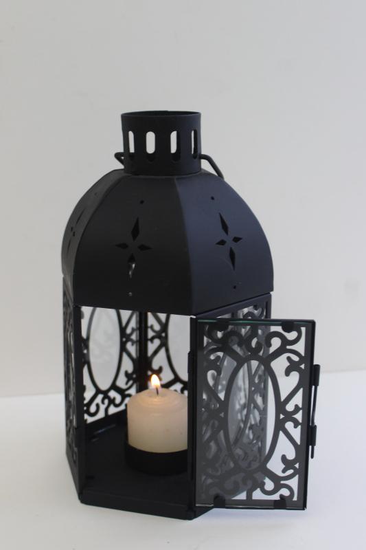 photo of vintage farmhouse style candle lantern, black metal glass birdcage lamp for table or hanging #1