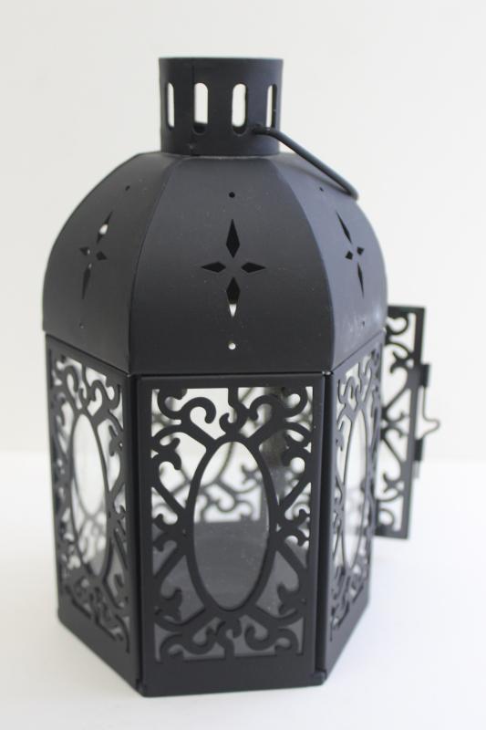 photo of vintage farmhouse style candle lantern, black metal glass birdcage lamp for table or hanging #7