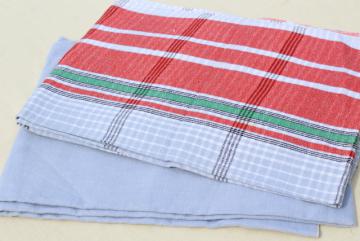 catalog photo of vintage farmhouse tablecloths, french blue, red plaid cotton and linen tablecloth lot