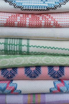 catalog photo of vintage farmhouse towels, woven linen & cotton huck towels w/ colored stitching